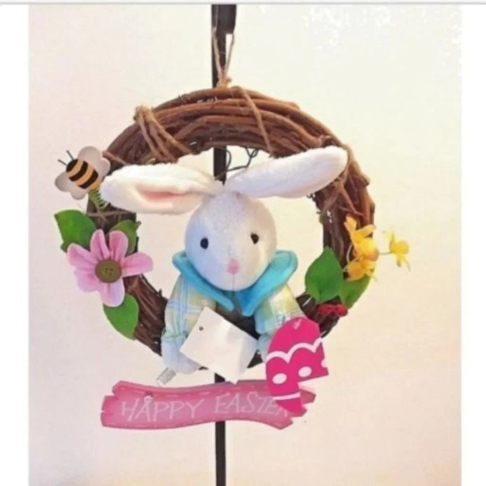 Easter Wreath GRAPEVINE with Stuffed Bunny Ladybug Flowers Wood Sign New